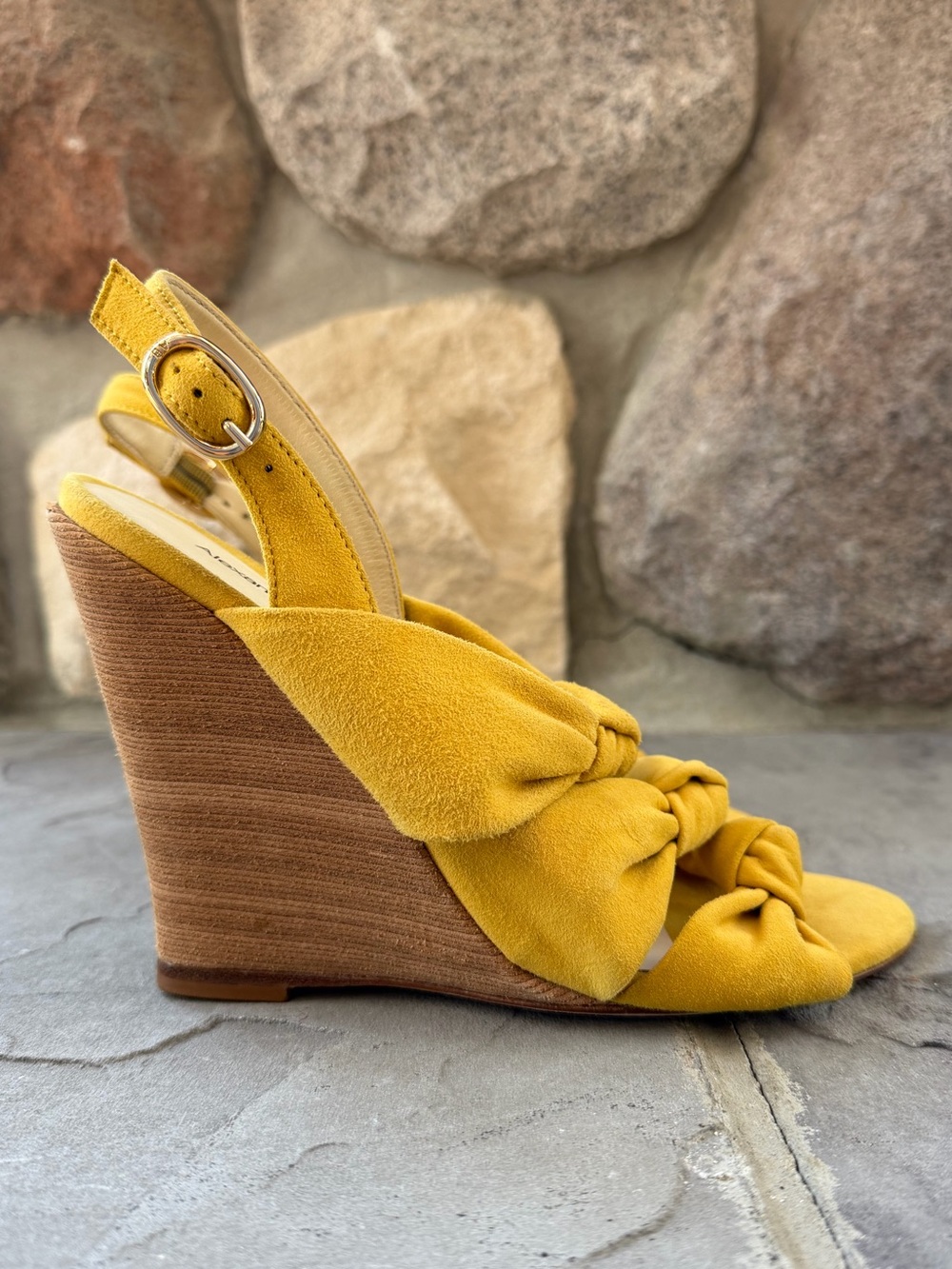Alexandre Birman mustard yellow suede multi-knot slingback sandals wedge heel
